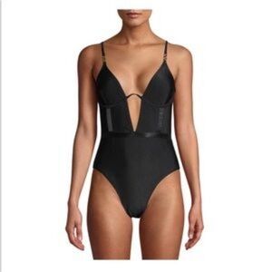 XOXO Black Ribbed Plunge One-Piece Swimsuit